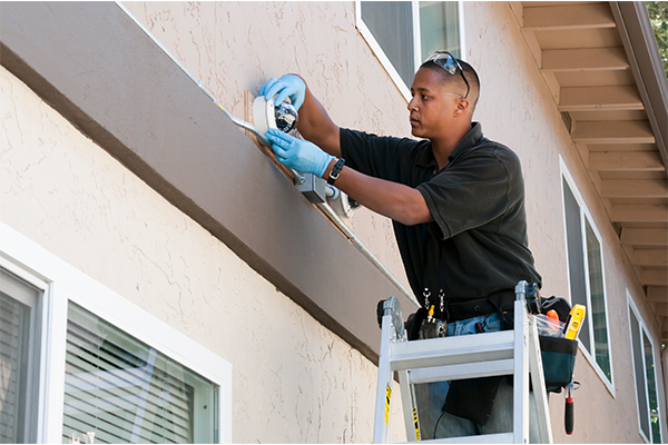 Person cleaning a security camera
