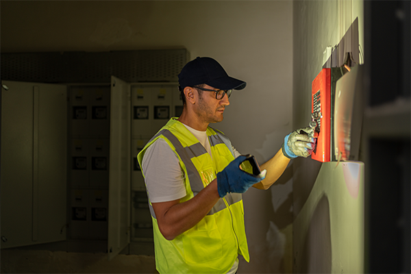 Man inspecting alarm panel