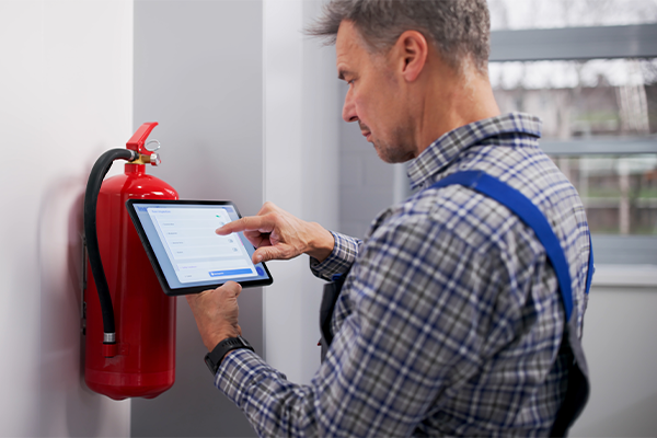 Professional checking placement and type of fire extinguisher